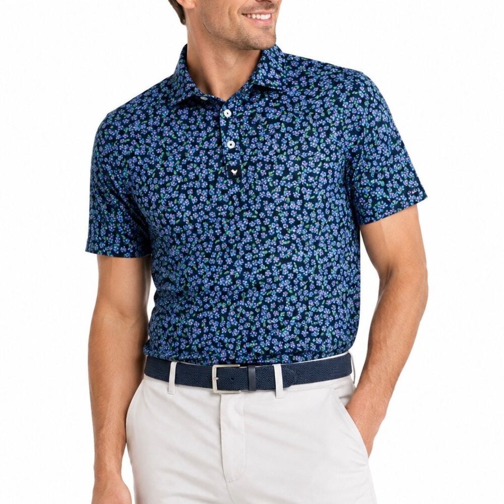 Bad Birdie Navy Blue Floral Print Performance Golf Polo Shirt Men’s XL Stretch